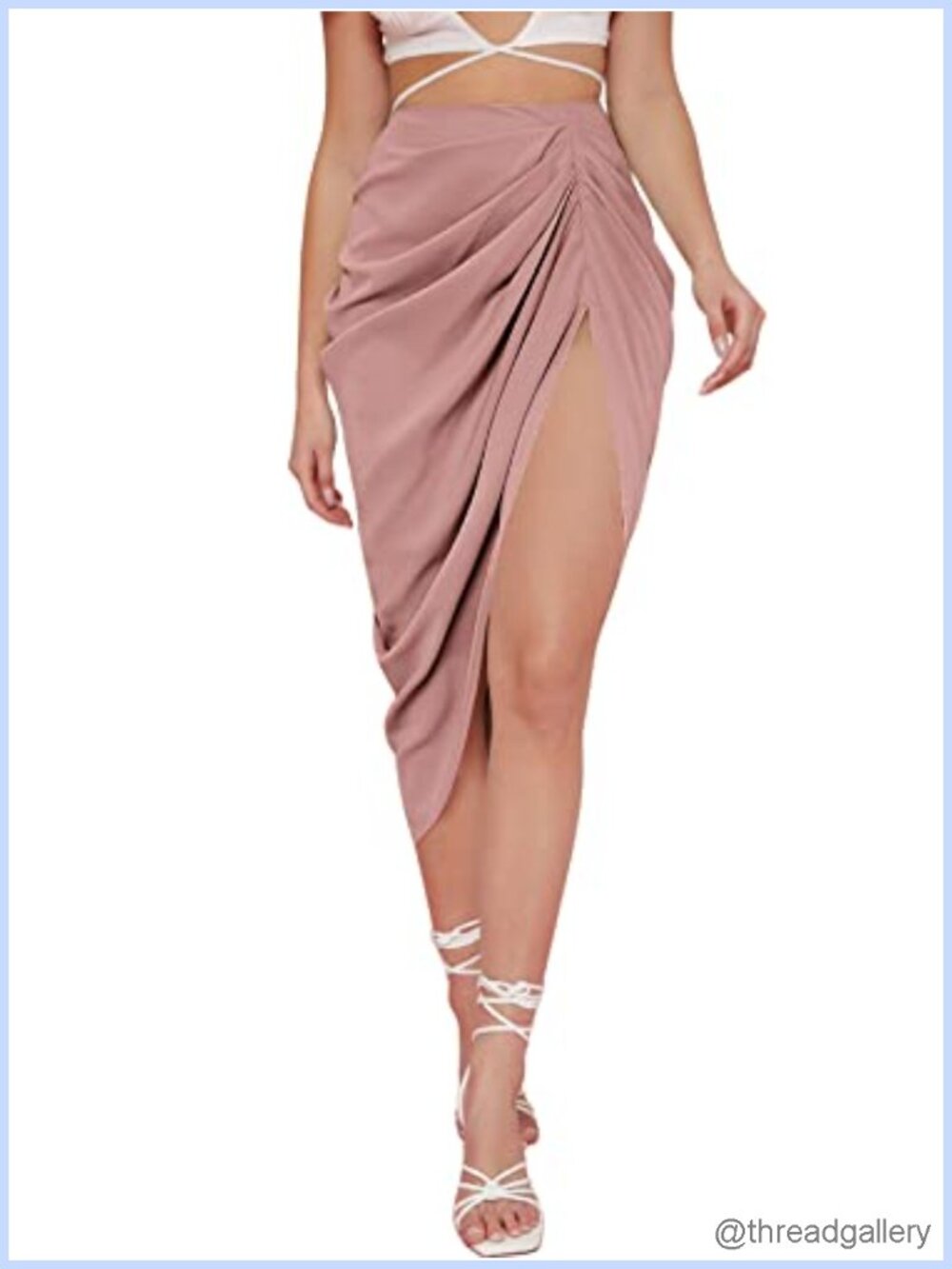 Satin Split Front High Waist Ruched Wrap Midi Skirt Bodycon